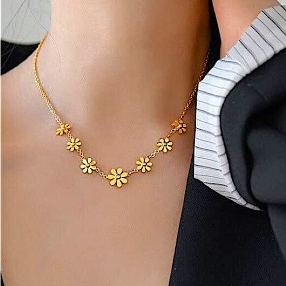 Gold Plated Daisy Necklace, Stainless Steel, Flower, Dainty - Picture 3 of 9